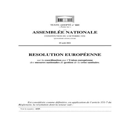 Résolution de l'Assemblée Nationale sur les crises sanitaires