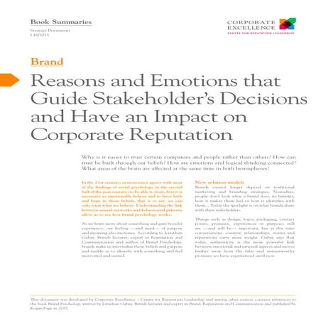 Reasons and Emotions that Guide Stakeholder's Decisions and Have an Impact on Corporate Reputation