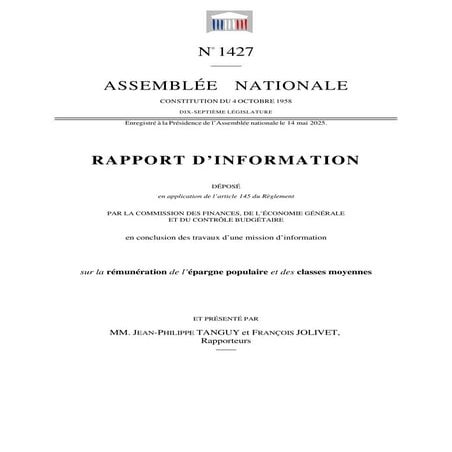 Rapport Tanguy Jolivet sur la rémunération de l'épargne
