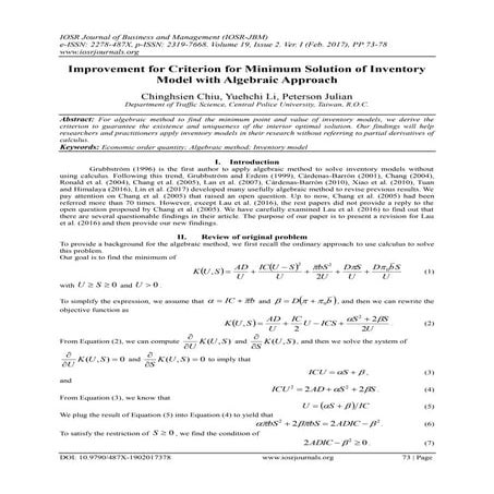 Improvement for Criterion for Minimum Solution of Inventory Model with ...