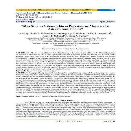 “Mga Salik na Nakaaapekto sa Pagkatuto ng Mag-aaral sa Asignaturang Filipino”