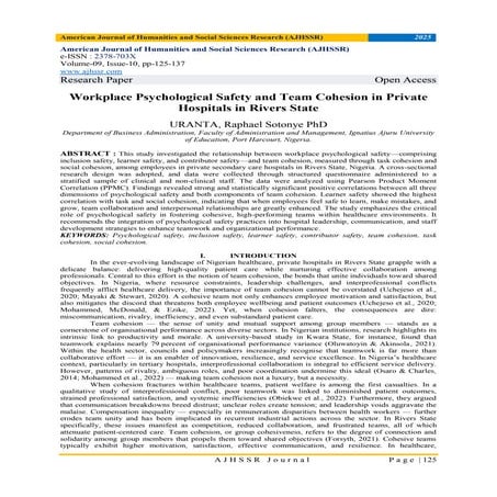Workplace Psychological Safety and Team Cohesion in Private Hospitals in Rive...