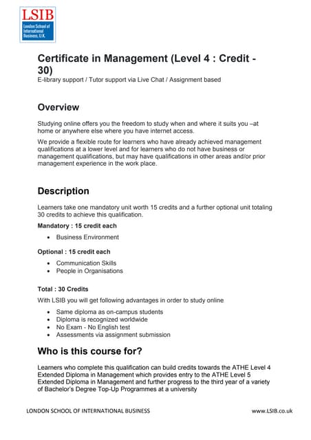 Certificate in Management (Level - 5 : Credit -30) | PDF