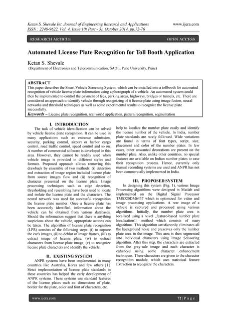 Automated License Plate Recognition for Toll Booth Application