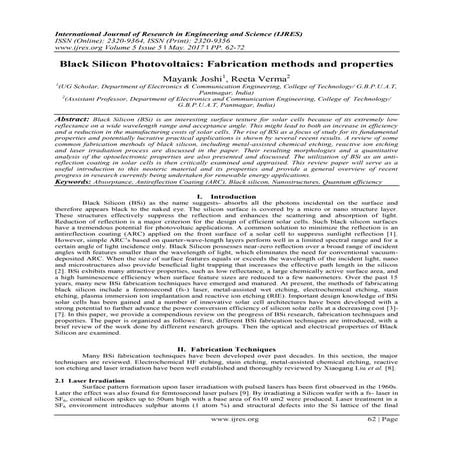 Black Silicon Photovoltaics: Fabrication methods and properties