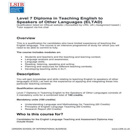 Level 7 Diploma in Teaching English to Speakers of Other Languages ...
