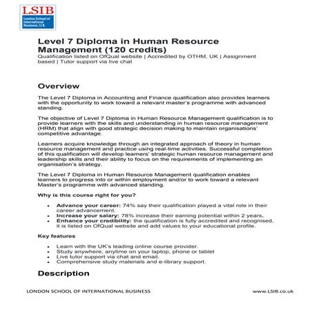  Level 7 Diploma in Human Resource Management (120 credits)