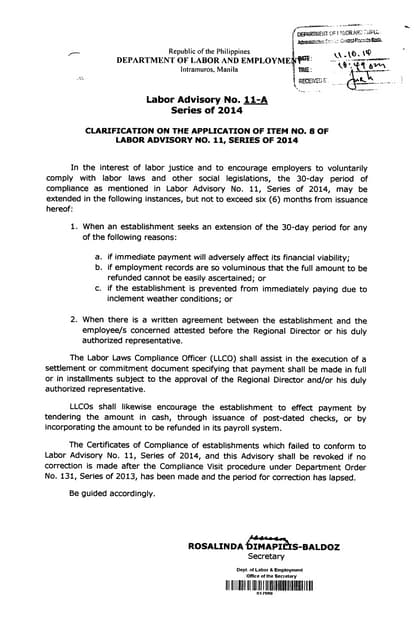 Labor Advisory No. 11-A, Series of 2014. CLARIFICATION on Non-Interference in the Disposal of Wages and Allowable Deductions. 