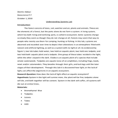 Natural and Human Sciences: Plant Lab Report