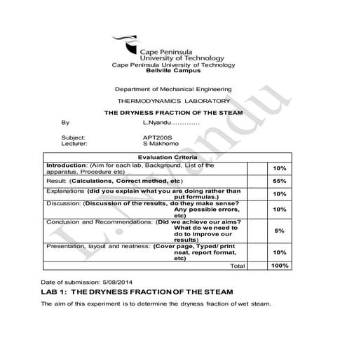 Lab 1   the dryness fraction of the steam(mech)