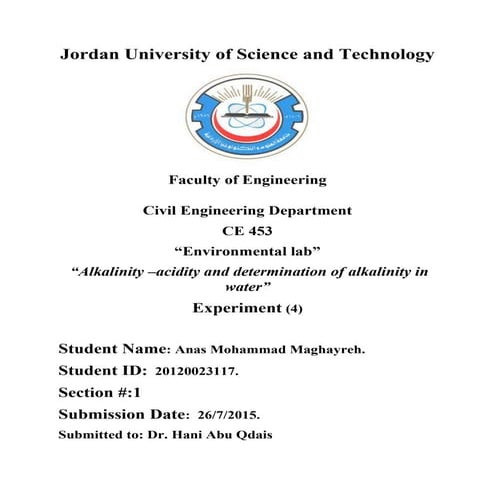 Lab 4 alkalinity –acidity and determination of alkalinity in water