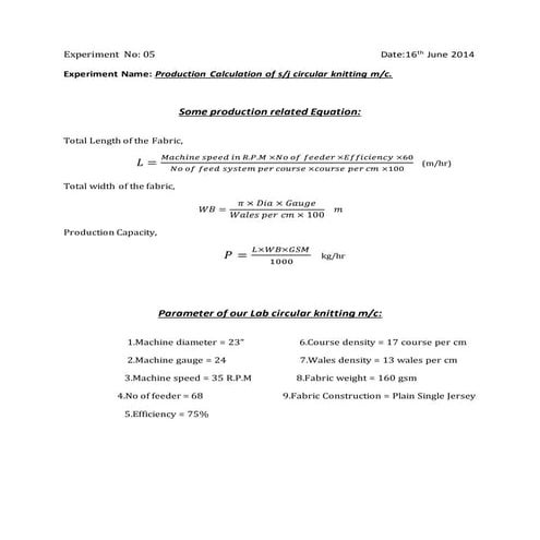 Production Calculation of s/j circular knitting m/c.