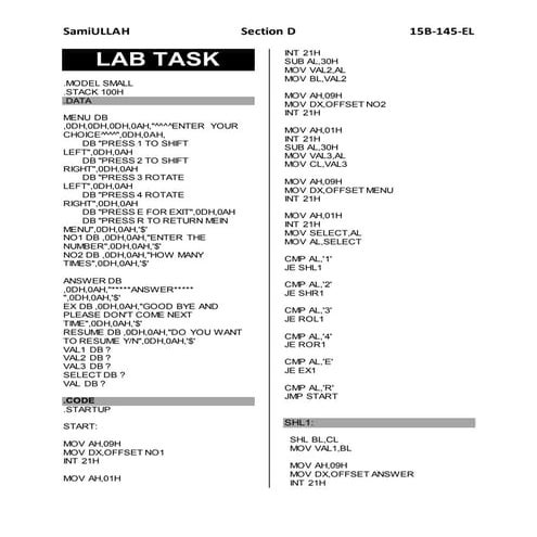 ROL ROR SHL SHR Assembly Language Programmin 8086