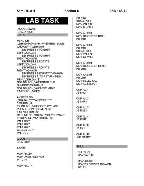 ROL ROR SHL SHR Assembly Language Programmin 8086