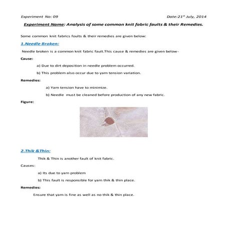 Analysis of some common knit fabric faults & their Remedies.