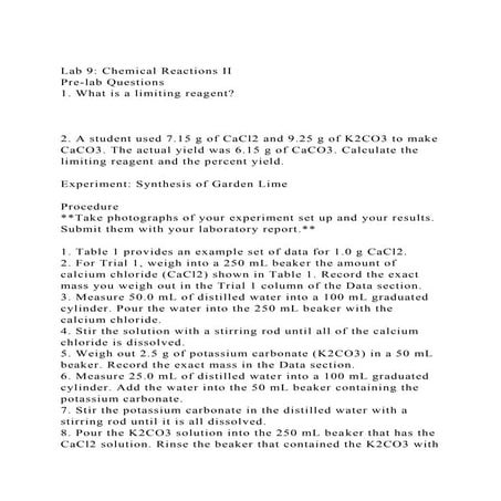 Lab 9 Chemical Reactions IIPre-lab Questions1. What is a limi.docx