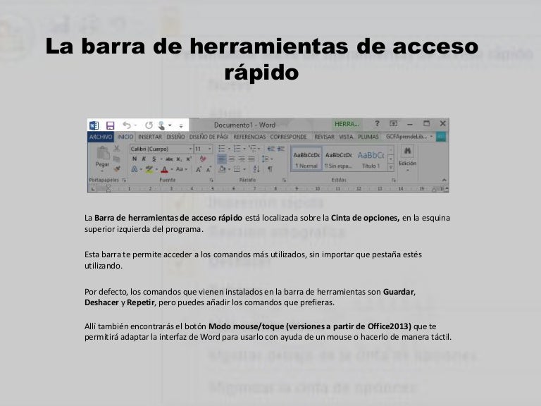 La barra de herramientas de acceso rápido