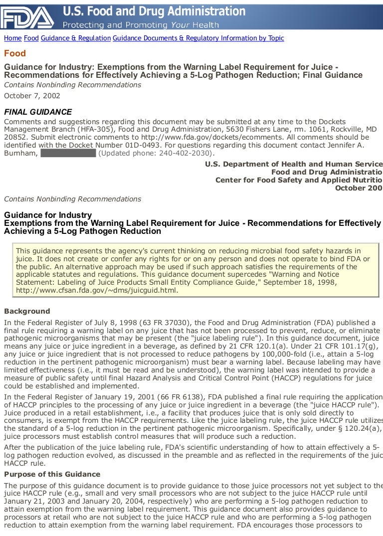 5log reduction requirements for juices (FDA, 2002)