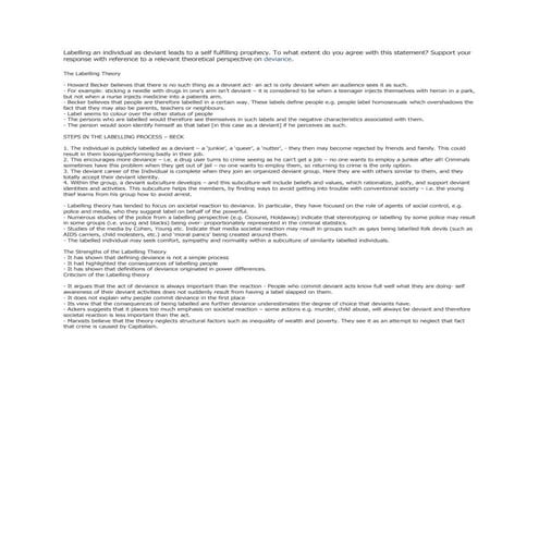 Sociology Unit 2 Labelling an individual as deviant leads to a self fulfillin...