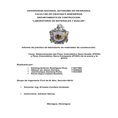 Laboratorio 3. Pesos Volumétricos (PVSC + PVSC) - UNAN Managua