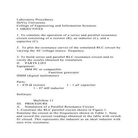 Laboratory Procedures DeVry UniversityCollege of Engineering a.docx