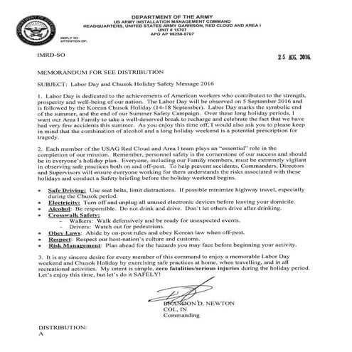 Labor Day and Chusok Holiday Message 2016