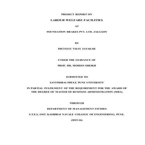 Project Report on Labour Welfare Planning, summer internship MBA HR