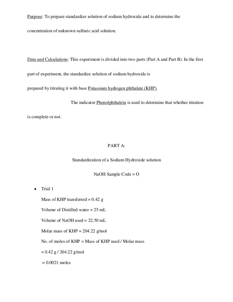 Chemistry Lab Report on standardization of acid and bases.