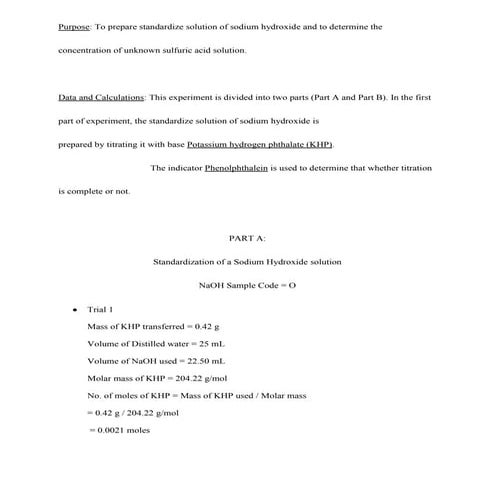 Chemistry Lab Report on standardization of acid and bases. 