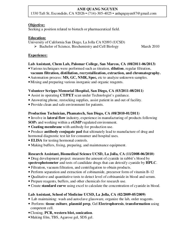 lab technician sample resume