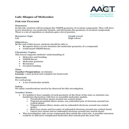 Shapes of Molecules: Sample AACT lesson | PDF