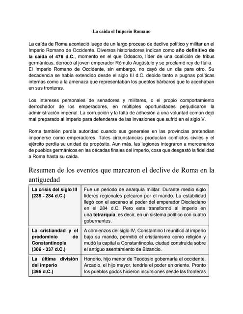 Hojas De Trabajo Sobre La Caída De Roma En Formato Pdf Las Causas De