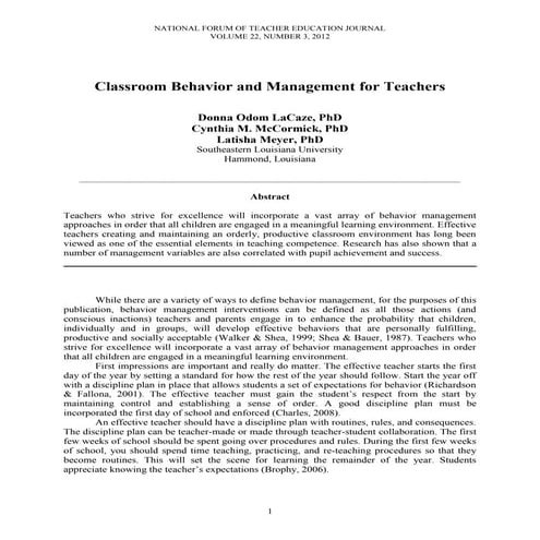 La caze donna odom, classroom behavior and management for teachers v22 n2 2012