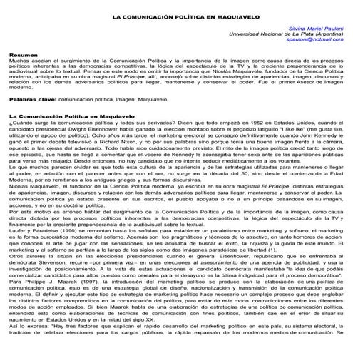"La comunicacion politica en maquiavelo"  Por Silvia Mariel Pauloni.