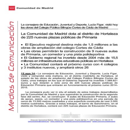 La consejería de educación de Lucía Figar, dota al distrito de hortaleza de 225 nuevas plazas públicas de primaria