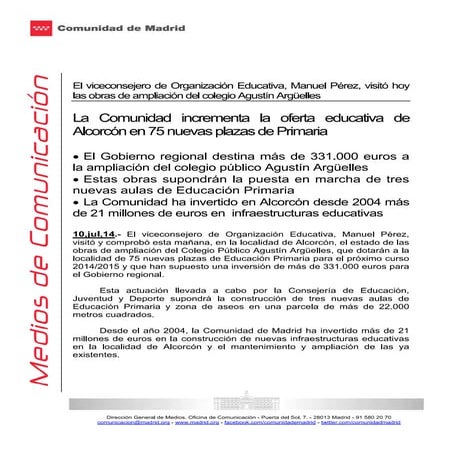La Comunidad incrementa la oferta educativa de Alcorcón en 75 nuevas plazas de primaria