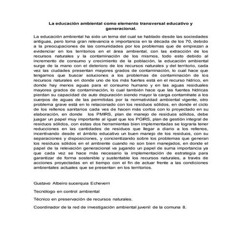 La educación ambiental como elemento transversal educativo y generacional
