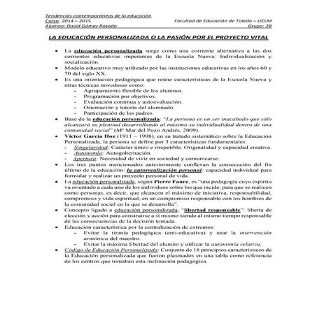 La educación personalizada o del proyecto vital