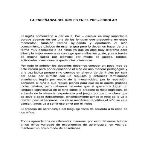La enseñanza del ingles en el pre