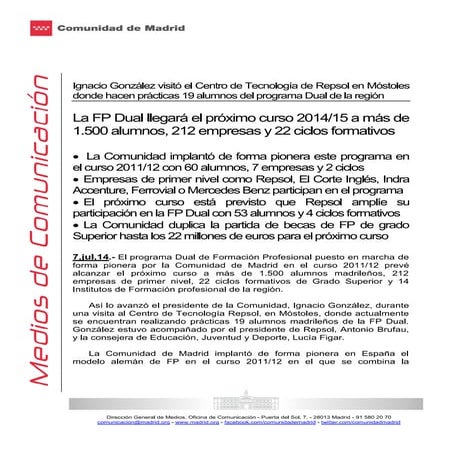 La FP Dual llegará el próximo curso 2014-15