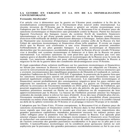 LA GUERRE EN UKRAINE ET LA FIN DE LA MONDIALISATION CONTEMPORAINE