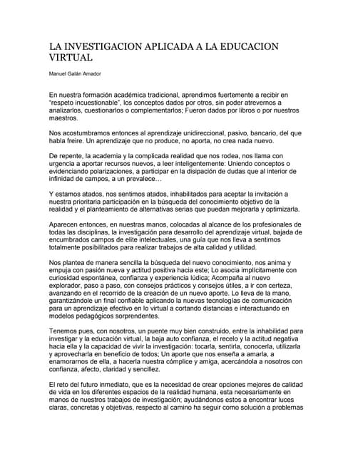 La investigacion aplicada a la educacion virtual