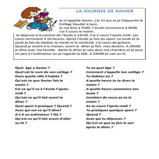 La journée de Xavier questionnaire