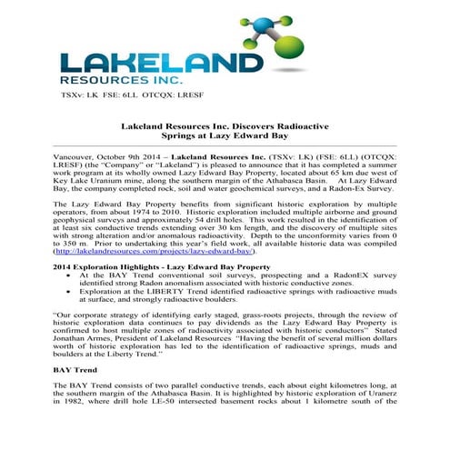 News Release: Lakeland Resources Inc. Discovers Radioactive Springs at Lazy E...