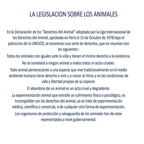 La legislacion sobre los animales
