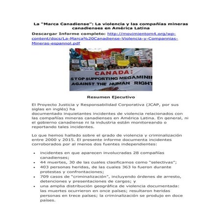 La “Marca Canadiense”: La violencia y las compañías mineras canadienses en Am...