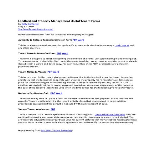 Landlord and property management useful tenant forms
