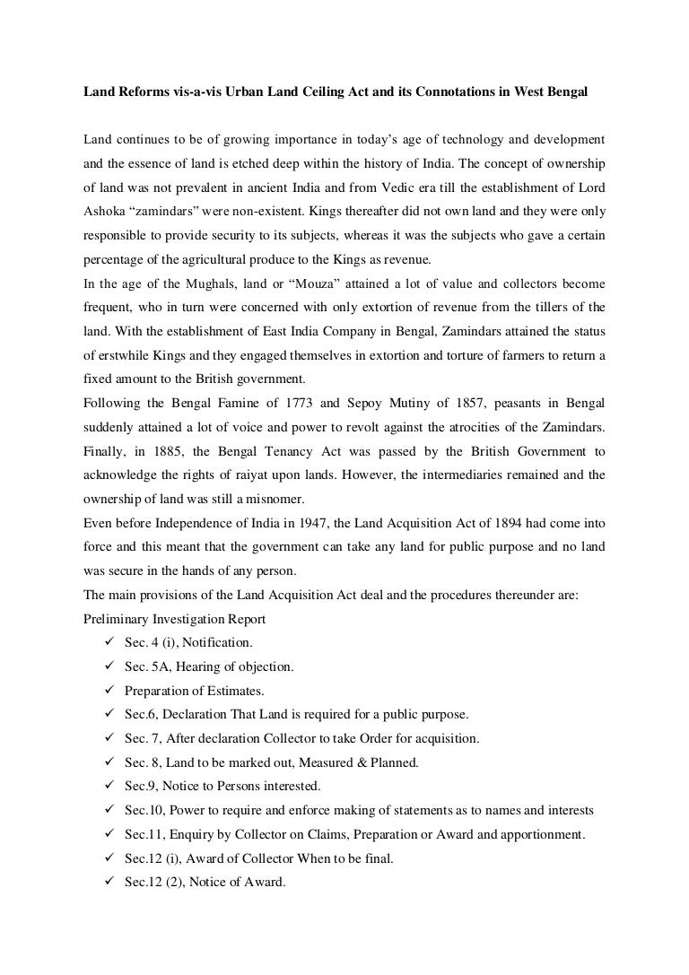 Land Reforms Vis A Vis Urban Land Ceiling Act And Its Connotations In