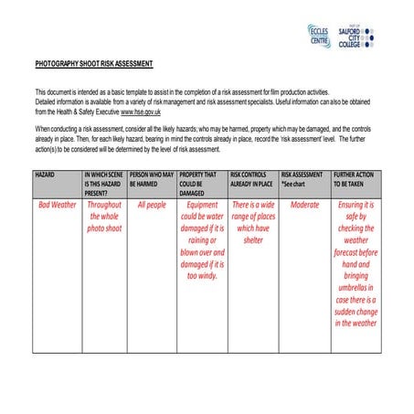 Landscape photography shoot risk assessment form