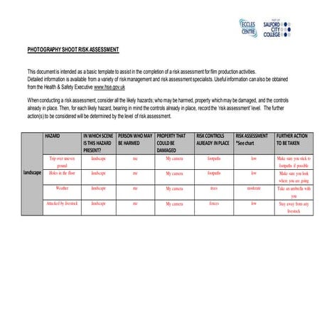 Landscape shoot risk assessment form | DOCX